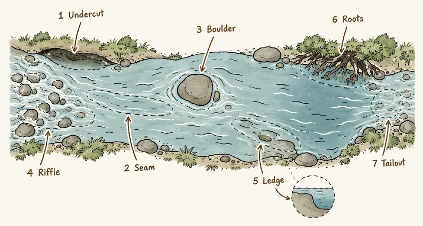 Hand-drawn river map from the guide's cover, marking seven places trout hide: undercut, seam, boulder, riffle, ledge, roots, and tailout.