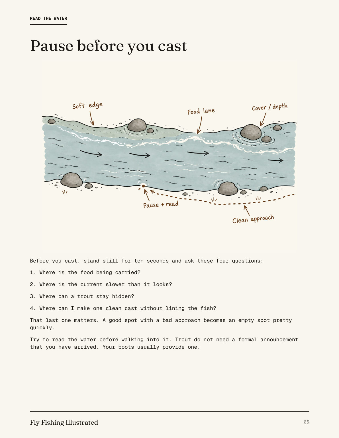 Illustrated page from the guide: a river cross-section with the food lane, soft edge, cover, and a clean approach marked for the ten-second pause.